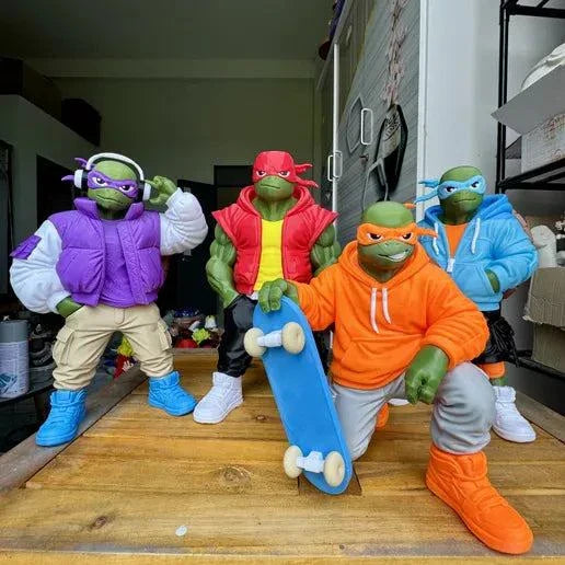 TMNT Urban lot with all 4 Ninja Turtles figures: 16" Michelangelo, 20" Leonardo, 20" Donatello, and 23" Raphael displayed together