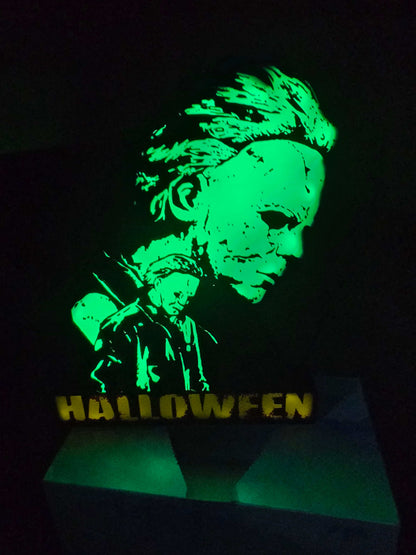 Halloween Micheal Myers Rob Zombie lightbox with ONN LED glowing in dark room
