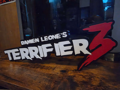 12 inch Terrifier logo art featuring Art the Clown horror prop for home and event decor