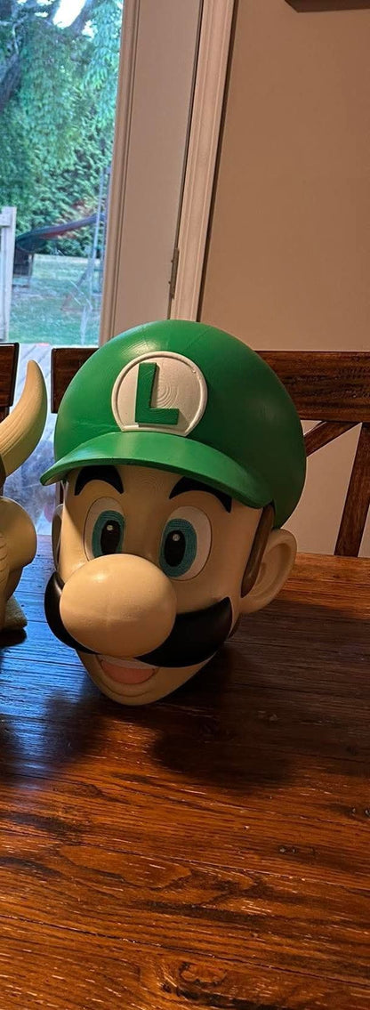 Luigi helmet mask with magnets showing size and design options