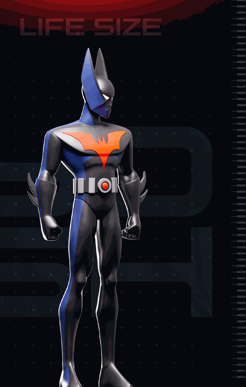 Life size 6ft 4in Beyond Batman statue in bold black, striking silhouette with optional wings for dramatic cosplay and displays