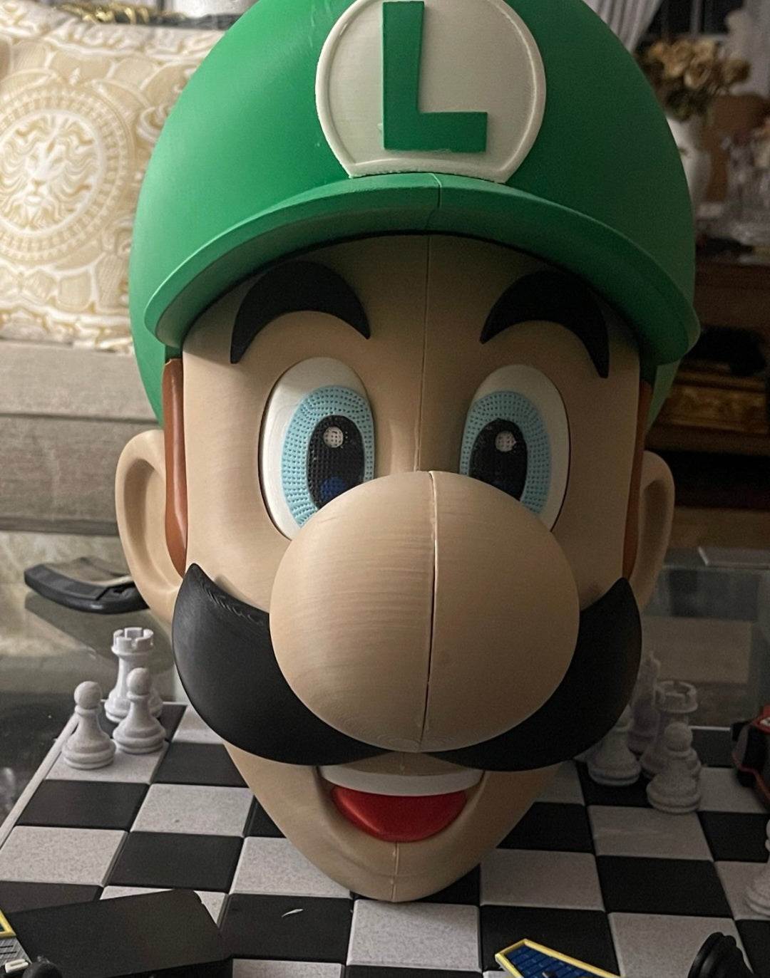 Luigi helmet mask with magnets fits heads up to 24 inches, one size prop for cosplay and photos