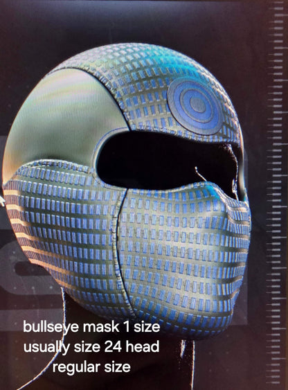 Full-head Bullseye vigilante mask with magnet-secured design and logo color options for cosplay and costumes