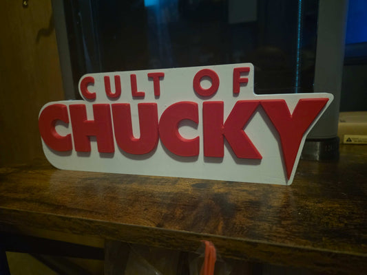 Large 12" Cult of Chucky sign 12x5 horror-themed decorative wall display
