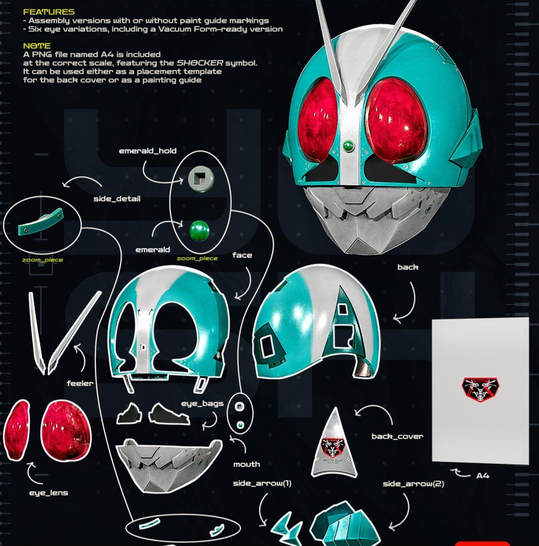 Shin Kamen Rider mask fitting heads up to 24 inches, custom made in 5 days