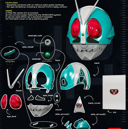 Shin Kamen Rider mask fitting heads up to 24 inches, custom made in 5 days