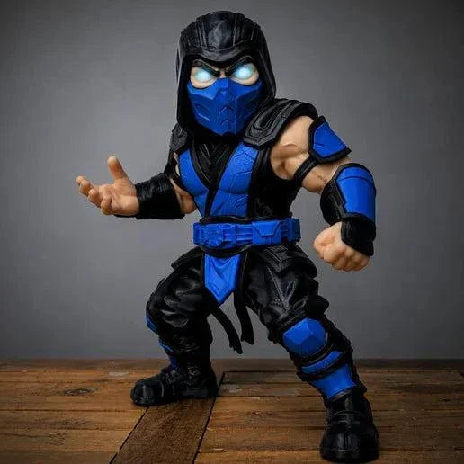 17 inch Sub Zero figure from Mortal Kombat standing tall in blue ninja outfit