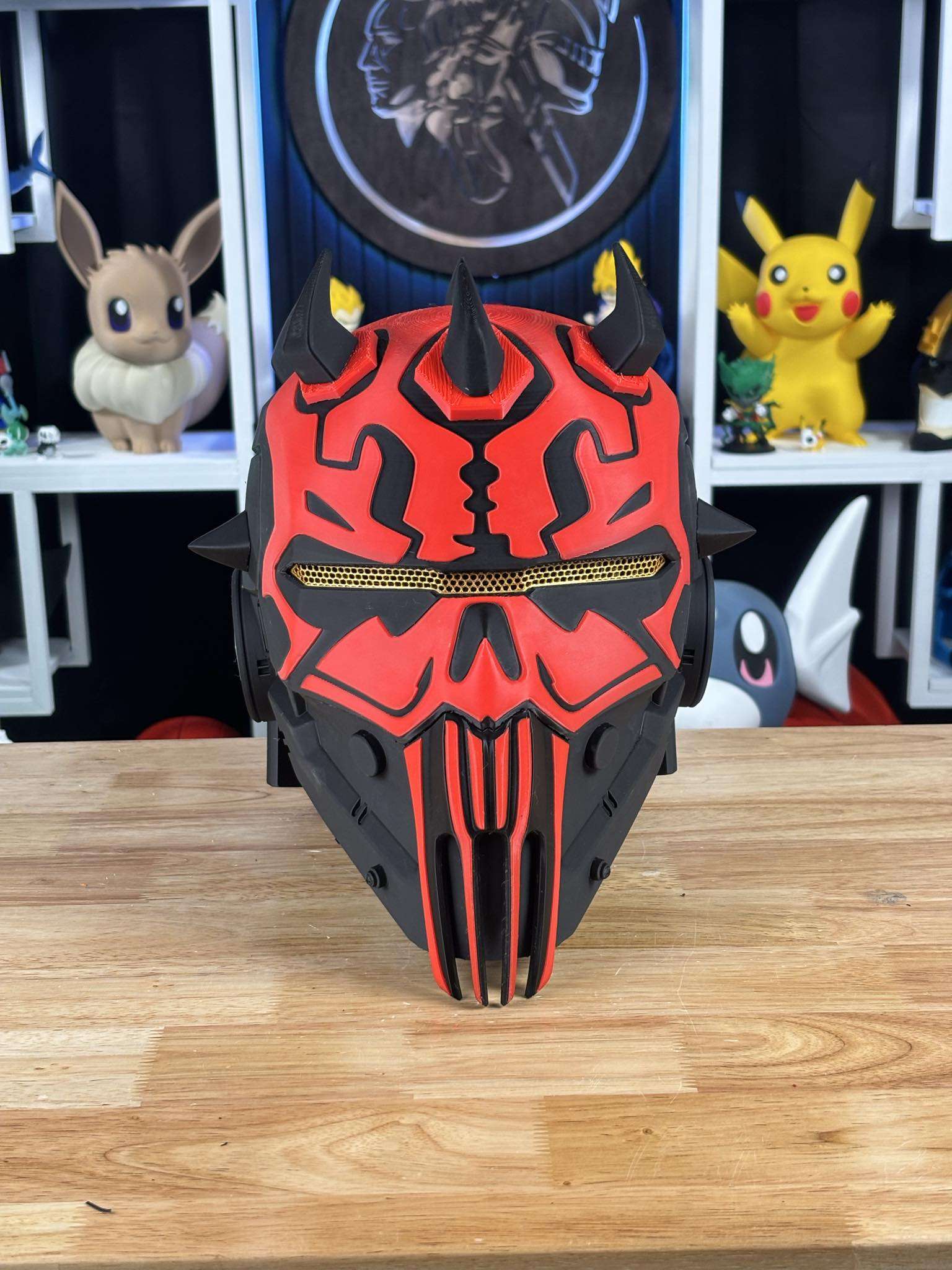 Shawdow Darth Maul helmet mask detailed close-up with red and black design