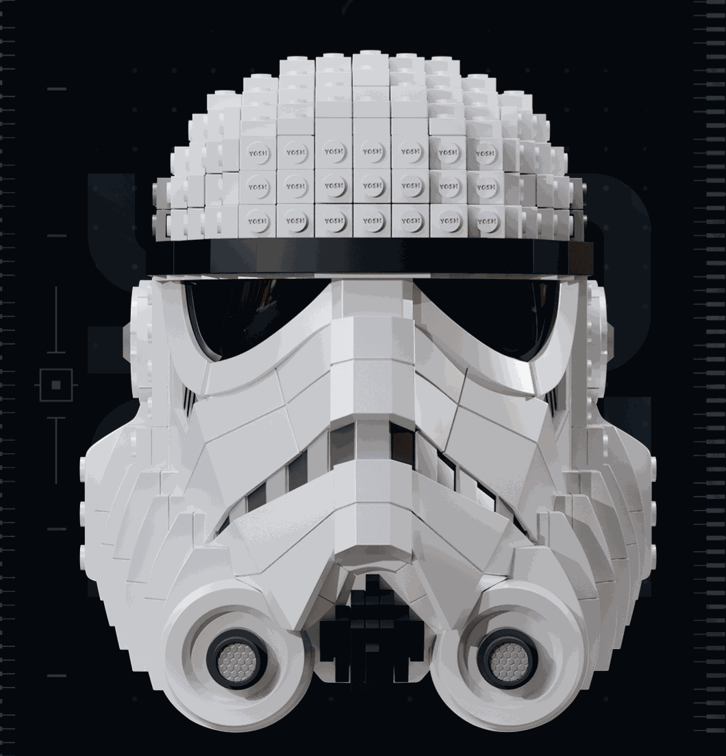 Three LEGO helmets featuring Mando, Darth Vader, and Stormtrooper, one size fits all, each sold separately