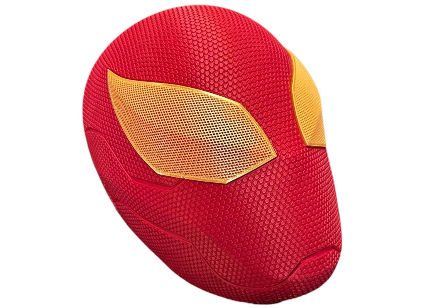 3D-printed Iron Spider-Man mask helmet in red and gold for cosplay and display