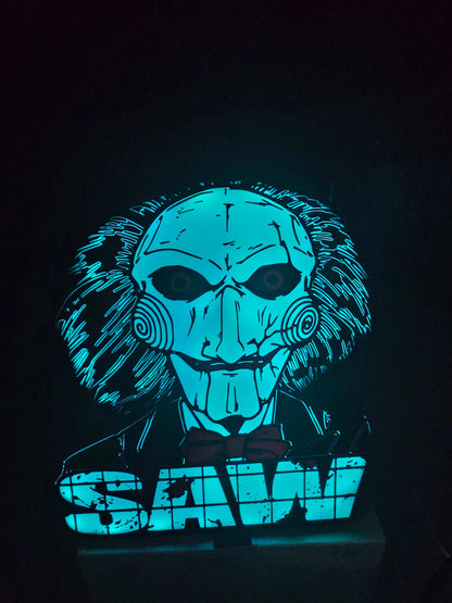 Large saw lightbox with ONN LED Billy the Puppet horror decor