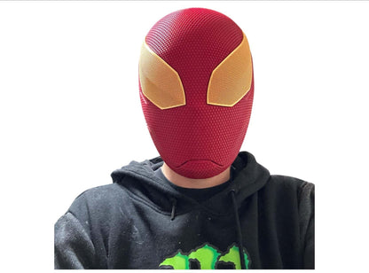 3D-printed Iron Spider-Man mask helmet in red and gold for cosplay and display