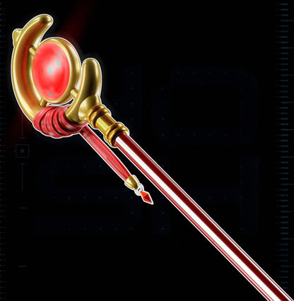 Red opaque Frieren staff cosplay prop from Beyond Journey's End, two-piece design for easy assembly and transport