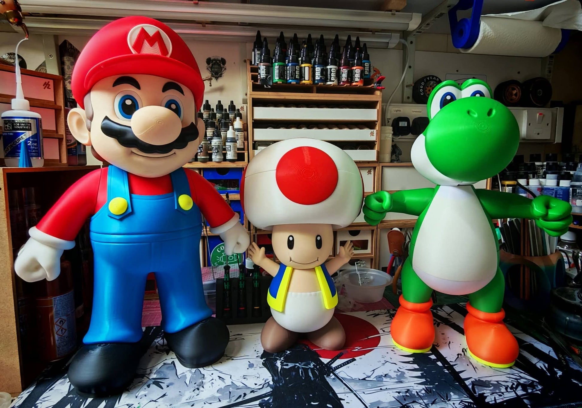 Mario huge lot 3-piece display set featuring 27-inch Mario, 27-inch Yoshi, and 20-inch Toad figurines