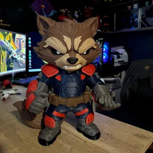 22-inch life size Rocket prop from Guardians of the Galaxy with navy suit and orange accents
