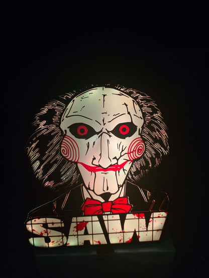 Large saw lightbox featuring Billy the Puppet from Saw horror series