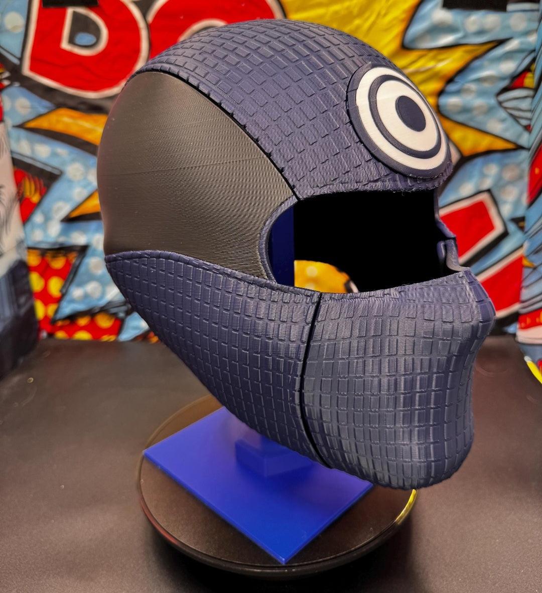 Full-head Bullseye vigilante mask with magnet-secured helmet and blue logo, one size fits most cosplay costume