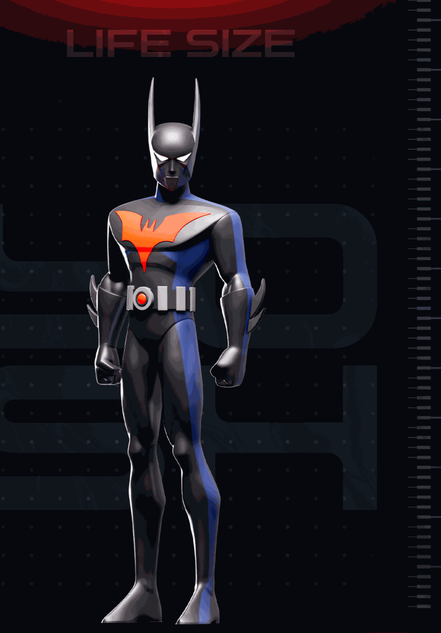 Life size 6ft 4in Beyond Batman statue in black with optional wings for dramatic displays and cosplay