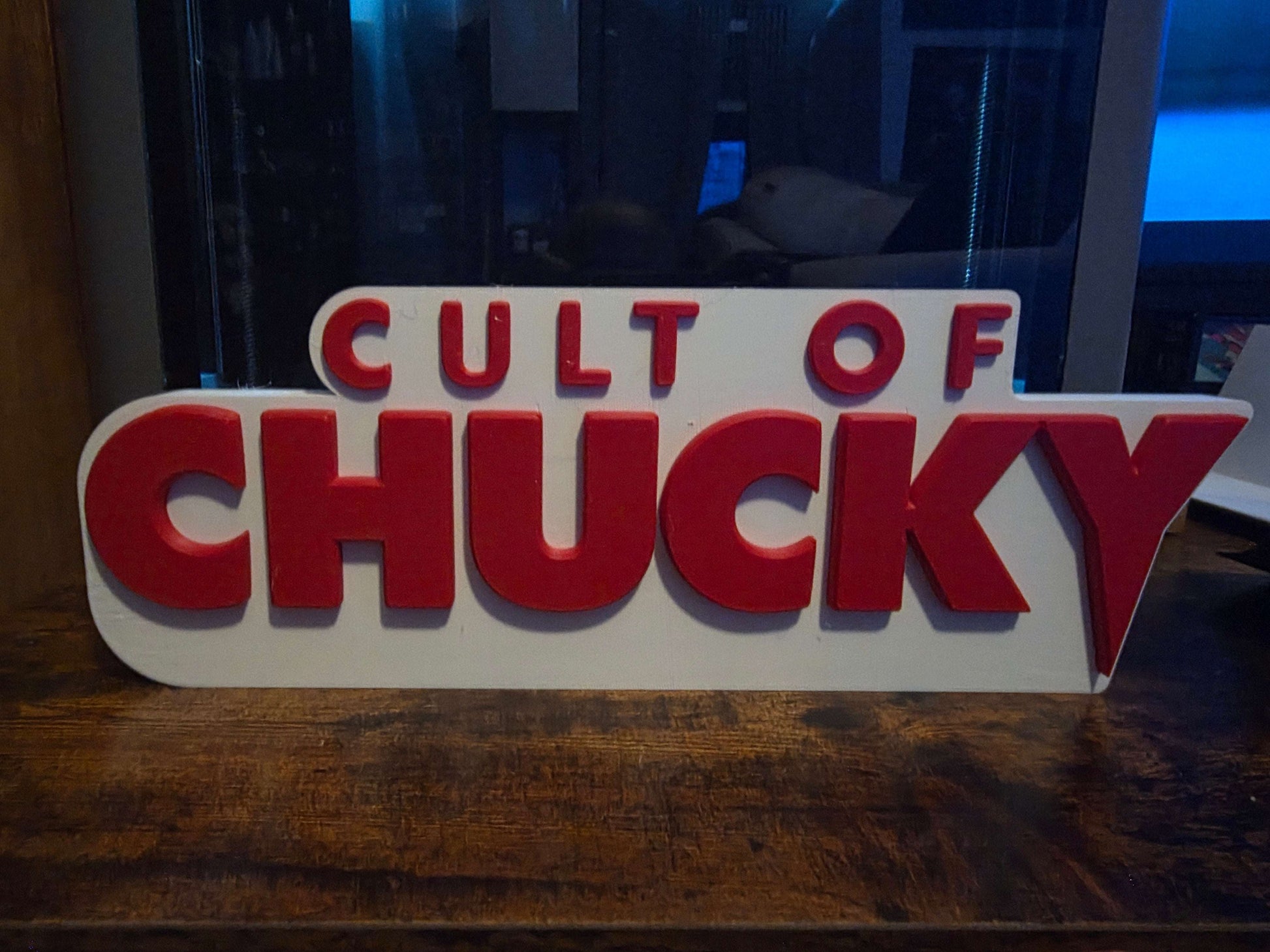 Large 12" Cult of Chucky sign 12x5 horror-themed decorative display