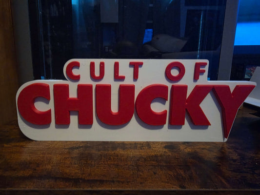 Large 12" Cult of Chucky sign 12x5 horror-themed decorative display