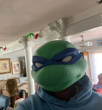 Full-size TMNT Leonardo helmet mask with magnets, one size fits adults, white eye details, cosplay accessory