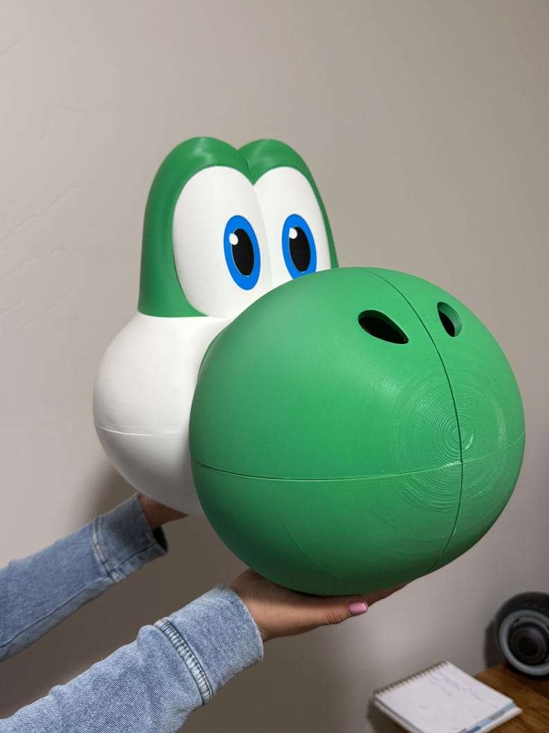 Green lizard full size Yoshi-inspired helmet mask with magnet-held construction for cosplay and costume events