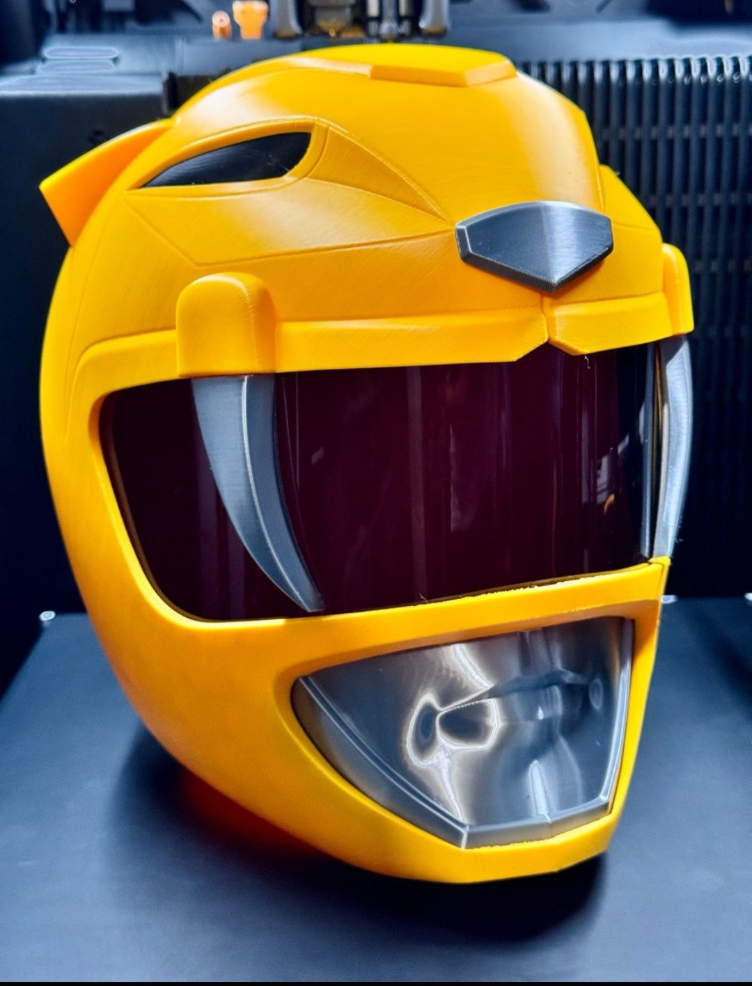 Yellow Power Ranger helmet mask with magnet design fitting heads up to 24 inches