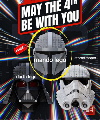 Three LEGO helmets featuring Mando, Darth Vader, and Stormtrooper, each sold separately and one size fits all
