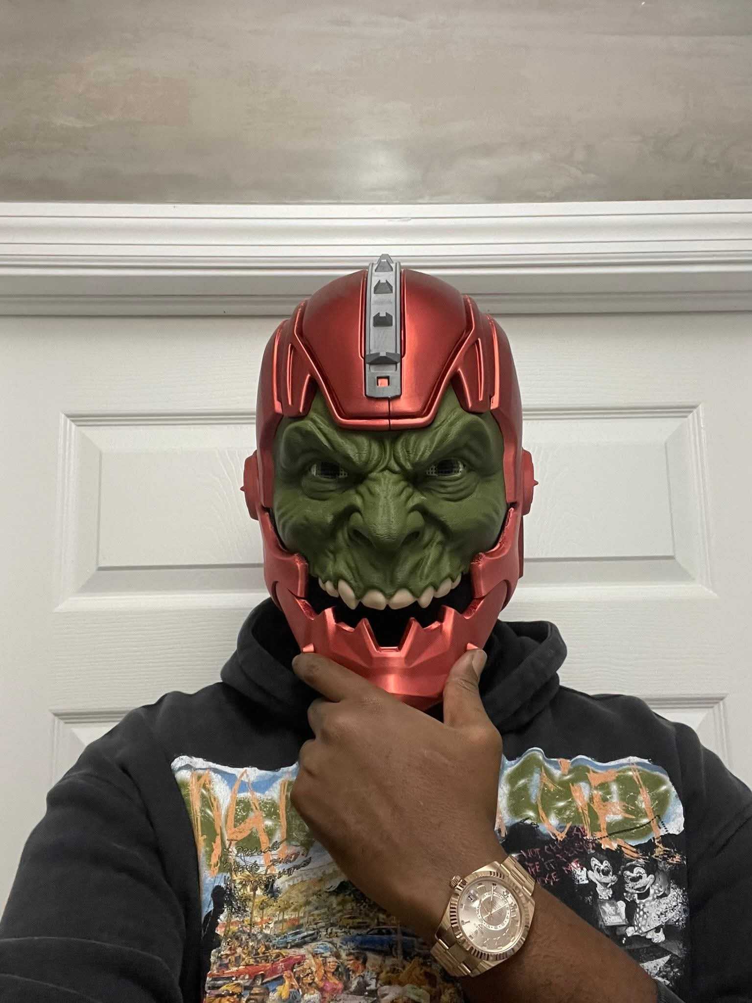 Trap jaw mask with magnets in light green, dark green, and squidward design with pink helmet