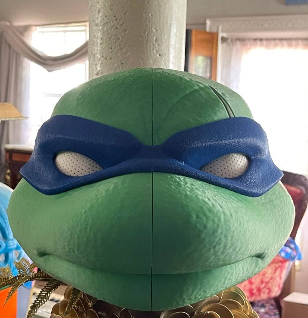 Full-size TMNT Leonardo helmet mask with magnetic closures and white eye details, one size fits most adults