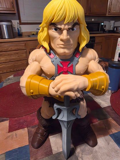 17-inch He-Man figure from Masters of the Universe with brown eyebrows and detailed design