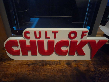 Large 12" Cult of Chucky sign with 12x5 dimensions for horror-themed decor