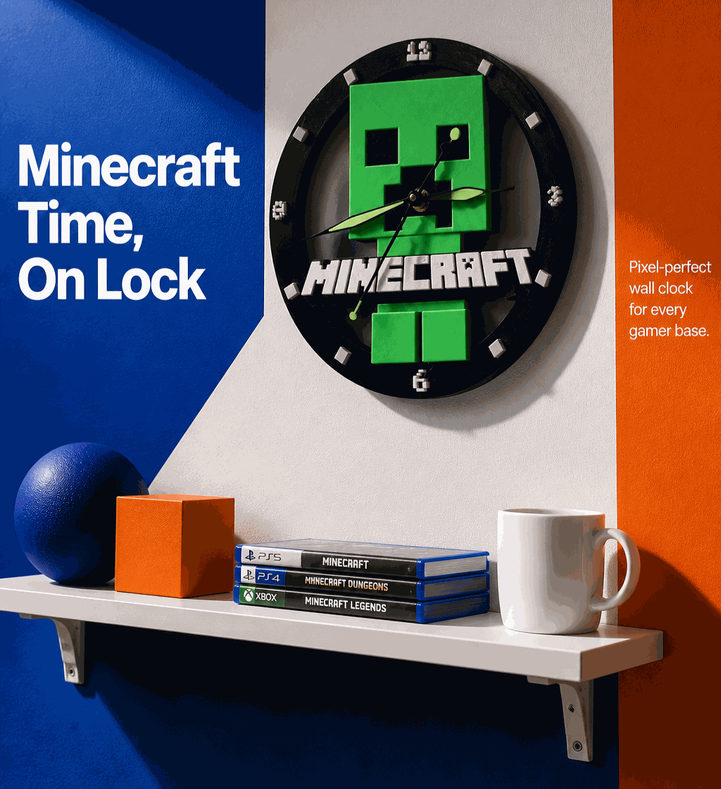 10-inch Minecraft wall clock with pixelated design and unique hands for game room decor