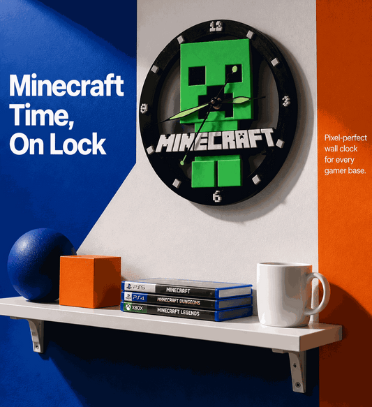 10-inch Minecraft wall clock with pixelated design and unique hands for game room decor
