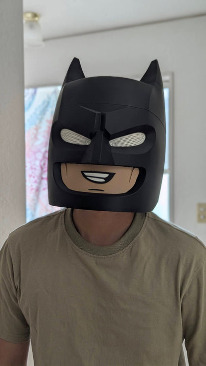 Full-size Lego vigilante mask with magnetic assembly inspired by Lego Batman design